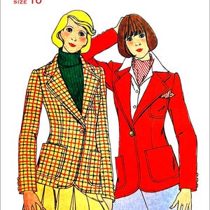 May include: Vintage Butterick sewing pattern featuring illustrations of two women in 1970s attire. One woman wears a plaid blazer, a green turtleneck, and a yellow skirt. The other wears a red blazer with a white shirt and a striped scarf. The pattern is size 10.