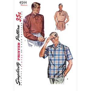 May include: Vintage sewing pattern featuring illustrations of men's shirts. The pattern includes a long-sleeved, striped shirt, a short-sleeved shirt, and a plaid shirt. The pattern is labeled "4544 Medium" and "Simplicity Printed Pattern".