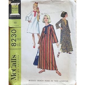 May include: Vintage McCall's pattern 8230 for Misses' beach robes in two lengths. The pattern features illustrations of the robes in various designs, including a striped robe and a floral print robe. The pattern size is 14, with a bust size of 34 inches.