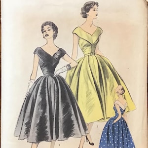 May include: Vintage sewing pattern illustration featuring three dresses. The dresses are in black, yellow, and blue with white polka dots. The pattern is labeled "ADVANCE * 6485" with a size 14 and bust 32 measurement.