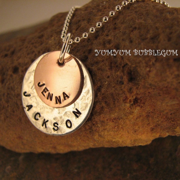 Handstamped Sterling Silver and Copper Double Disc Necklace