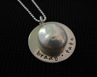 Handstamped Sterling Silver Disc Necklace with Coin Pearl Accent