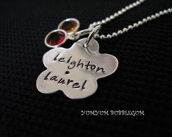 Handstamped Sterling Silver Flower Charm Necklace with Birthstones