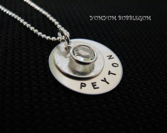 Handstamped Double Disc Charm Necklace with Birthstone Drop