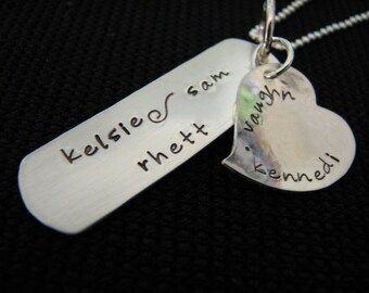 Handstamped Sterling Silver Tag And Hammered Heart Necklace