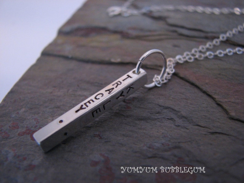 Handstamped Sterling Silver Four Sided Bar Drop Necklace image 2