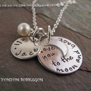 I Love You To The Moon And Back Double Disc Sterling Silver Charm Necklace With Birthstone Or Pearl