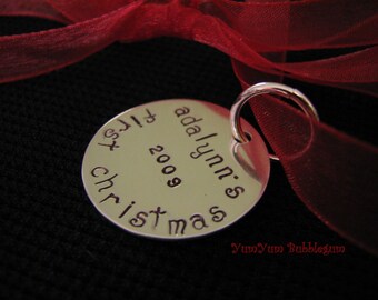 Handstamped Sterling Silver Disc Baby's First Christmas Ornament with  Ribbon