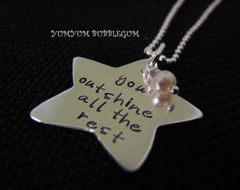 Handstamped Sterling Silver Star Disc Pendant Necklace With Mini Pearl Accent