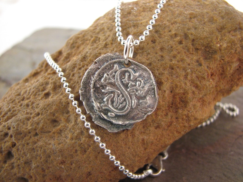 Fine Silver Vintage Wax Seal Initial Pendant Necklace image 2