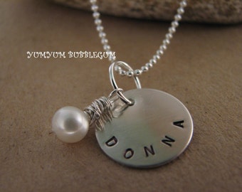 Single Name Sterling Silver Handstamped Disc  Charm Necklace with Freshwater Wire Wrapped Pearl Accent