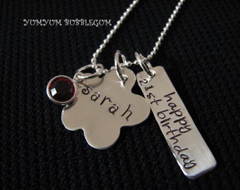Handstamped Sterling Birthday Daisy Necklace with Birthstone