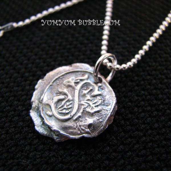 Fine Silver Vintage Wax Seal Initial Pendant Necklace