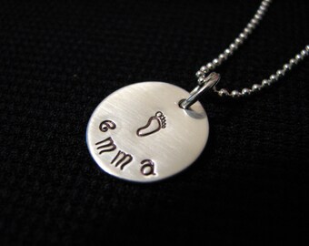 Single Handstamped Disc Charm Sterling Silver Baby's Foot Necklace For New Moms Or Moms To Be