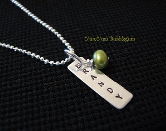 Single Rectangular Handstamped Tag Necklace with Pearl Accent