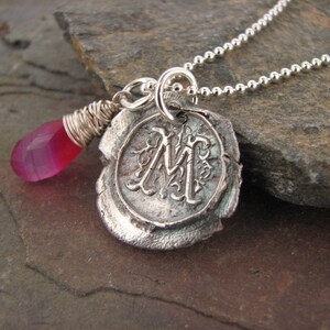 Fine Silver Vintage Wax Seal Initial Pendant with Chalcedony Accent Charm image 2