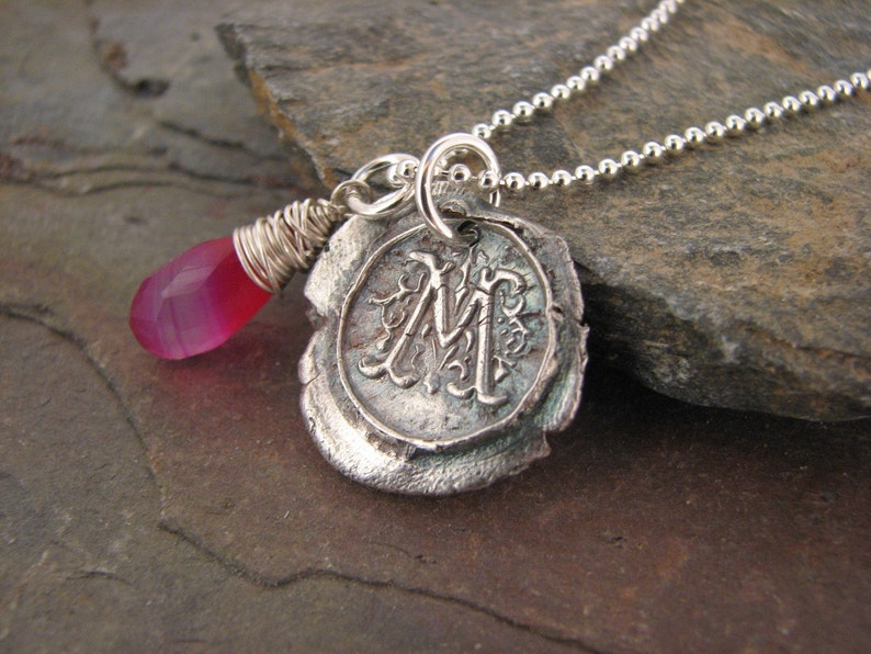 Fine Silver Vintage Wax Seal Initial Pendant with Chalcedony Accent Charm image 2