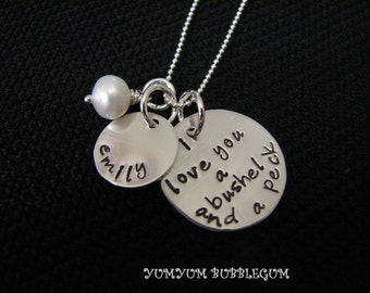 Double Tag Handstamped I Love You A Bushel and a Peck Sterling Silver Necklace With Pearl or Birthstone Accent