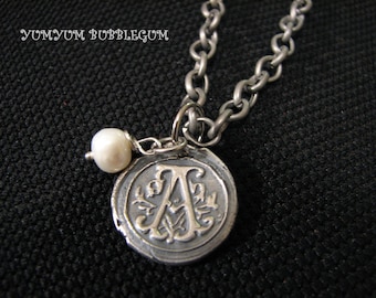 Fine Silver Wax Seal Vintage Initial with Vintage Style Oxidized Chain