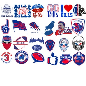 May include: A collection of Buffalo Bills themed digital clipart images. The images include logos, slogans, and player imagery. The images are in blue, red, and white.