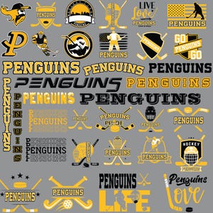 May include: A collection of black, yellow, and white graphic designs featuring the word PENGUINS, hockey players, hockey sticks, pucks, helmets, and shields. The various logos and typography arrangements are displayed on a solid gray background.