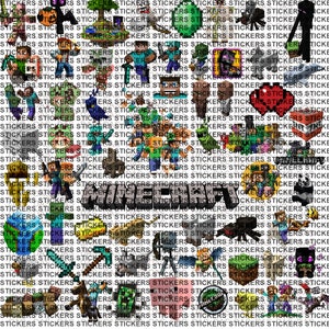 May include: A collection of colorful Minecraft themed stickers featuring characters, blocks, and items from the popular video game. The stickers are arranged in a grid pattern and include the word "Minecraft" in large letters.