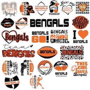 May include: A collection of 20 different designs featuring the Cincinnati Bengals logo and team colors. The designs include a variety of graphics, text, and images, such as a football, a heart, a tiger stripe pattern, and the words "Bengals Go!" and "Team Bengals".