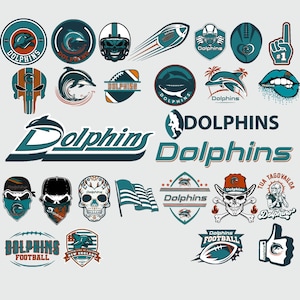May include: A collection of 25 Miami Dolphins logos in various styles and colors. The logos feature the team's name, mascot, and other iconic imagery. The logos are perfect for fans of the Miami Dolphins.