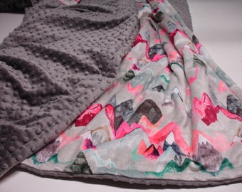 Call of the Mountains Gray Minky Blanket Baby Shower Pink Dawn Satin Aqua Lavender Nursery Peaks and Valleys Plum Crib Bedding