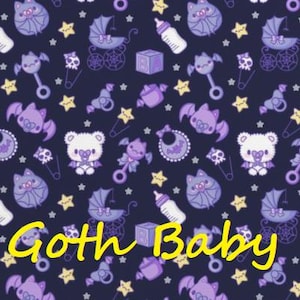 May include: Dark blue pattern with baby-themed gothic illustrations. Features bats, baby bottles, rattles, strollers, stars, and teddy bears in purple, white, and yellow. The text "Goth Baby" is written in yellow.