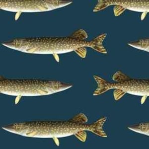 May include: A seamless pattern featuring a repeating design of multiple brown and green fish with yellow fins on a dark blue background.