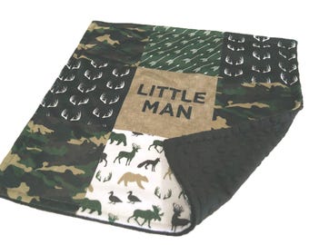 Little Man Lovey, Hunting Security Blanket for Baby, Personalized Deerly Loved Shower Gift with Satin Ruffle Option