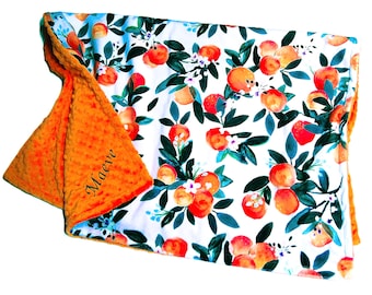 Clementine Blanket, Orange Fruit Bedding, Little Cutie Personalized Baby Blanket, Satin Ruffle Option