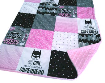 Personalized Superhero Blanket for Girl, Pink Gray and Black Mask Blanket, Satin Ruffle Option