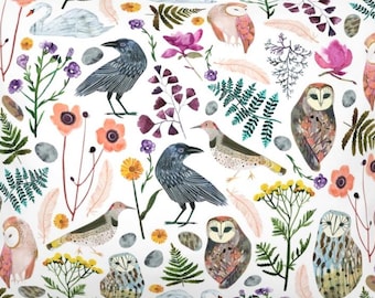 Mystical Birds Blanket, Personalized Raven and Owls Bedding, Flora and Fauna Decor