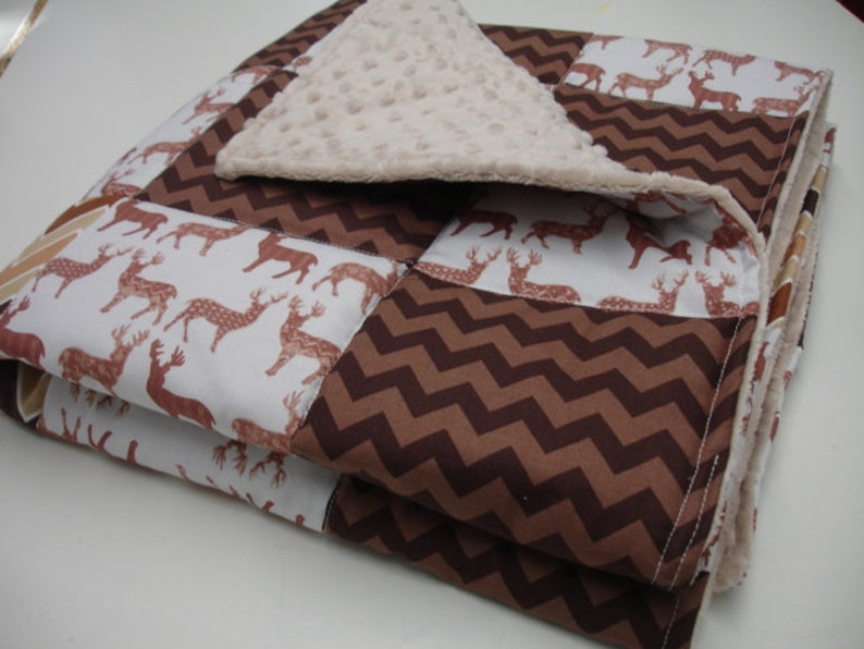 Meadow Deer in Brown with Chevron Minky Blanket You Choose Size and Minky Color MADE TO ORDER