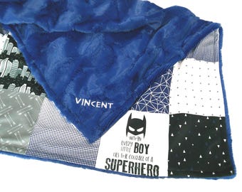 Personalized Superhero Blanket for Boy with Satin Ruffle Option, Navy and Gray Minky Plush