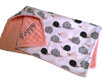 Hedgehog Blanket, Personalized Woodland Animal Baby Bedding With Satin Ruffle Option