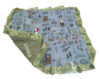 Alaska Blanket, Travel Gift, Personalized Woodland Camping Throw, Custom Neutral Baby Blanket
