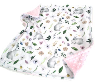 Spring Bunny, Personalized RAbbit and Floral Blanket, Woodland Wildflower Bedding, Satin Ruffle Option
