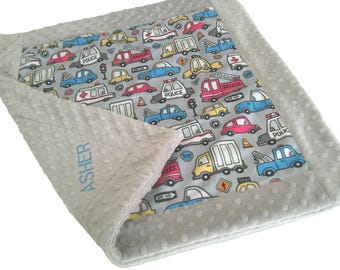 Blanket for Boy, Personalized Cars and Trucks Transportation Kids Bedding, Locomotive Throw