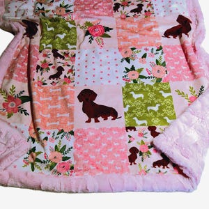 Personalized Wiener Dog Minky Blanket, Pink Floral Dog Bedding, Dachshund Gift for Girl