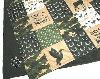 Duck Hunting Blanket, Ducks Trucks and Eight Point Bucks Deer Baby Blanket, Personalized Camouflage Bedding