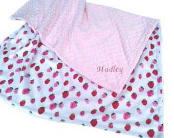 Strawberry Blanket, Personalized Pink Strawberries Throw with Satin Ruffle Option