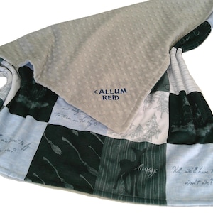 Wizard Blanket, Personalized Always Throw, Blue and Gray Stag Bedding with Satin Ruffle Option
