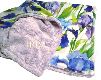 Iris Blanket, Purple and Blue Floral Throw, Personalized Bedding with Satin Ruffle Option