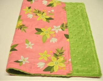 Burp Cloth, Peach Floral, Citrus Blossoms, Cotton and Minky Ready to Ship