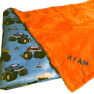 Monster Trucks Blanket, Personalized Blanket for Boy, Monster Jam Gift for Toddler, Minky Boys Bedding, 4 Wheel Trucks