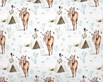 Boho Aztec Horses Blanket, Personalized Cactus Floral and Teepee Bedding, Satin Ruffle Option