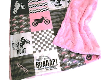 Girls Dirt Bike Blanket, Custom Motocross Baby Blanket, Pink All Sizes, Satin Ruffle Option